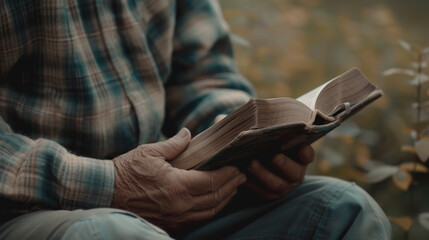 Wall Mural - Close-up of Christian man's hands while reading the Bible outside.Sunday readings, Bible education. spirituality and religion concept. Reading a book.
