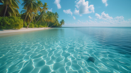 Tropical island palm tree beach. best travel landscape paradise beach tropical island background beautiful palm trees closeup sea waves sunshine blue sky clouds luxury travel summer vacation.