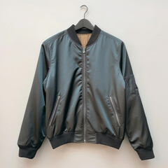 Wall Mural - Stylish bomber jacket on hanger against a white wall for fashion retail