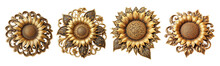 4 Old Fashioned Sunflower Brooch Made Of Gold With Intricate Design Set Against A Transparent Background