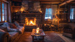 Cozy Interior of a Rustic Cottage with Fireplace and Warm Lighting
