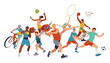 Athletes in different summer disciplines color vector icon big set. Positive sportspeople group. Sports competitions illustration pack on white background