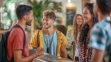 Fototapeta  - Group of Young Travelers Checking into Hostel, A cheerful young group with backpacks engaging at hostel reception