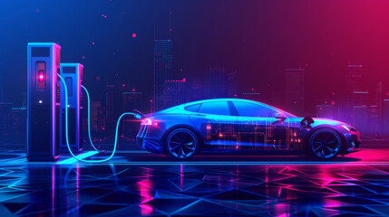 EV car in futuristic vehicle concept. Electric car charging station and battery level icon. Future transportation. Futuristic autonomous car. Driverless autonomous vehicle. Self-driving car technology