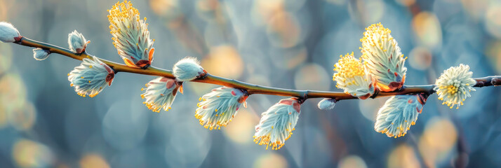 Spring banner with beautiful blooming willow branch.
