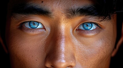 Wall Mural -  An asian man, eyes are black, seriuos face, close up of face, looking straight, 