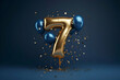 © Wazir Design - Number 7 gold balloon with blue and golden confetti. 3D Render