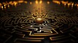 A conceptual image of a complex maze with golden edges and a central glowing sphere, symbolizing challenge and solution.