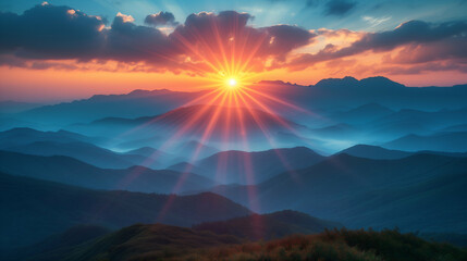  Sunset in the mountains, sunbeams radiate through clouds over a mountainous landscape, showcasing a breathtaking sunrise or sunset