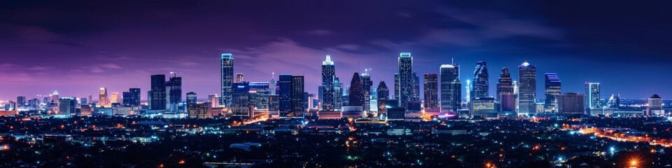 Wall Mural - Modern city skyline at dusk,  illuminated by a vibrant array of city lights in panoramic view