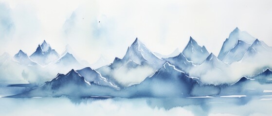 Wall Mural - Blue colors watercolor color abstract brush painting art of beautiful mountains, mountain peak minimalism landscape panorama banner illustration, isolated on white background