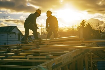 A construction roofing worker, clad in a safety suit, stands atop a newly tiled rooftop covering.