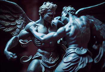 Statue of an angel fighting a demon. Generative AI