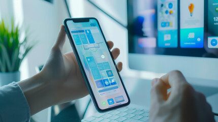 Mobile app user interface design software graphic development concept with graphic designer holding keyboard to UX, UI prototype design and test application in various form to support user requirement