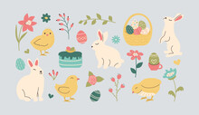 Set Of Hand Drawn Easter Characters. Cute Chickens And Bunnies In Doodle Style. Bright Cake And Multicolored Patterned Eggs In Basket In Hand-drawn Style. Happy Spring Holidays Minimalistic Flowers