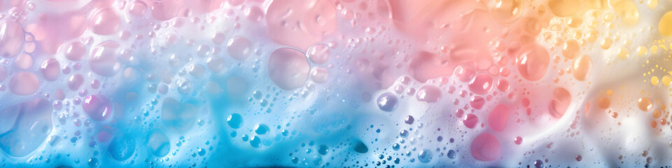 macro photo of bubbles in water. pink and blue background with foam made of soap, shampoo, lotion, d
