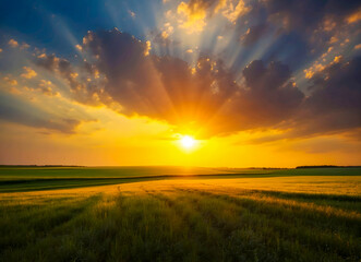  Sunset over the field, colorful rural landscape