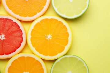 Wall Mural - orange, tangerine, lemon, lime on pastel yellow background