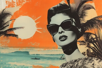 Wall Mural - Woman and fashion at tropical beach abstract background. Retro style. Generative ai.