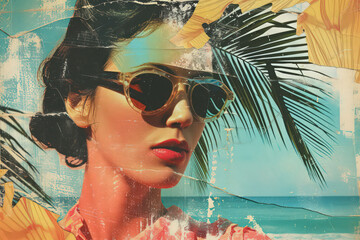 Wall Mural - Woman and fashion at tropical beach abstract background. Retro style. Generative ai.
