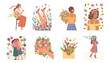 Girls and women with bouquets and flowers on special day, holiday celebration. Vector flat cartoon characters, ladies with wildflowers smiling and sharing happiness. 8 march or birthday