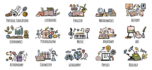 Subjects for school or university. Vector flat cartoon icons for students curriculum. Education and knowledge gaining. Physical education and economics, literature and English, mathematics and history