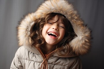 A portrait of a cute little girl in a fur coat laughing.