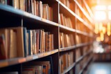 Fototapeta  - Book shelves in a book store or library, cozy sun lighting. Generative AI.