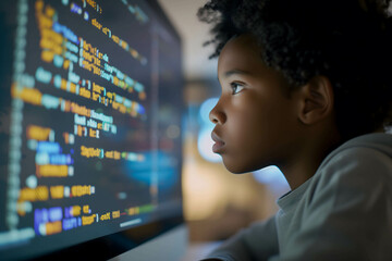 Wall Mural - Focused developer kid coder working on computer looking at programming code data, investor or trader using data for trading stock market