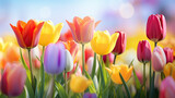 Fototapeta Tulipany - The essence of spring with vibrant tulips as the background, evoke a sense of freshness Ai Generative