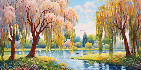 Poster - Horizontal painting of beautiful spring landscape with willow trees on the lake shore