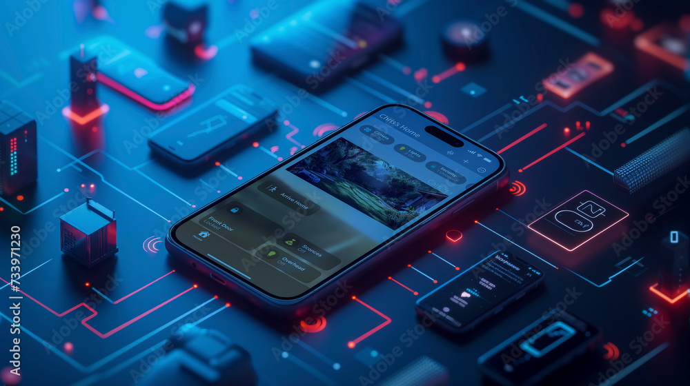 Smartphone displaying a smart home control interface, surrounded by glowing tech gadgets on a digital circuit background.
