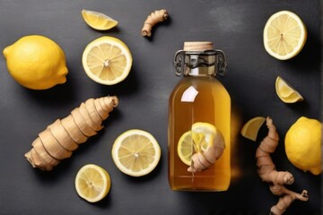 Wall Mural - Refreshing flat lay composition featuring a bottle of homemade ginger tea with lemon