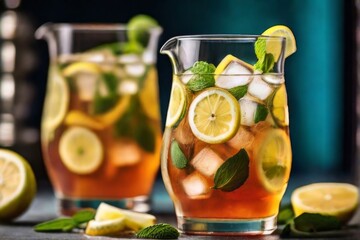 Wall Mural - Vibrant photograph of a pitcher of iced ginger tea infused with lemon slices