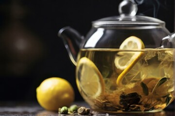 Wall Mural - Glass teapot filled with aromatic ginger tea and lemon slices