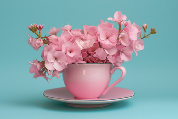 Wall Mural - Creative layout of pink teacup with pink flowers on blue background. Pastel spring concept.