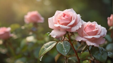 Canvas Print - Rose bush in full bloom, its vibrant flowers and lush greenery contrasting beautifully with the softly blurred background