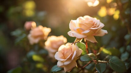 Canvas Print - Rose bush in full bloom, its vibrant flowers and lush greenery contrasting beautifully with the softly blurred background