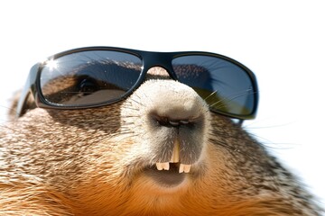 Funny groundhog relaxing with sunglasses on.