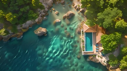 Wall Mural - Luxury beach house with sea view swimming pool and terrace in modern design. Lounge chairs on wooden floor deck at vacation home or hotel. 3d illustration of contemporary holiday villa exterior. 