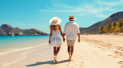 Beach holiday, honey moon. A beautiful woman in a straw hat and a man walking along the ocean beach enjoying a sunny summer day. Perfect summer vacation. Travel agency poster