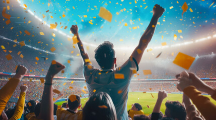 Excited sports fan celebrating the victory of his team standing up and rising his hands. People chanting and cheering for their soccer team. People watching football match. Concept of competition