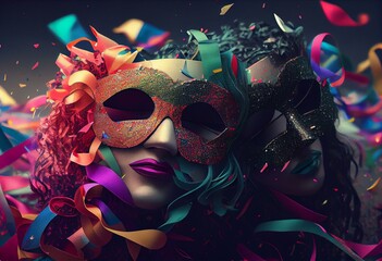 Wall Mural - happy party carneval masks with wig and confetti pieces and ribbon Falling in colorful colors. Generative ai illustration