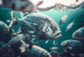 Wall Mural - watercolour style fish swimming in school emerging from contaminated water full of garbage and dead fish, Marine plastic pollution generative ai