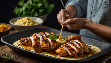 Chicken pieces in a rich blend of yogurt, spices, and creamy butter sauce before being grilled to perfection and highlight the textures and colors of the ingredients as they come together in harmony