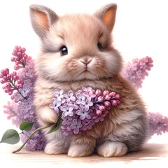 Aufkleber - Whimsical bunny with flowers illustration created with Generative AI technology