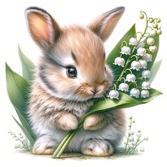 Aufkleber - Whimsical bunny with flowers illustration created with Generative AI technology