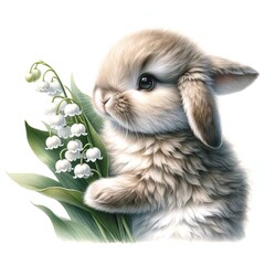 Aufkleber - Whimsical bunny with flowers illustration created with Generative AI technology