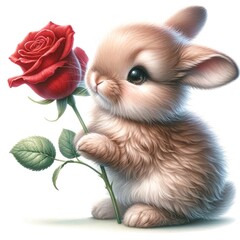 Aufkleber - Whimsical bunny with rose illustration created with Generative AI technology