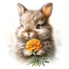 Aufkleber - Whimsical bunny with flowers illustration created with Generative AI technology